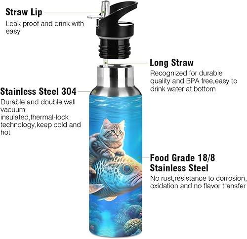 Miniatura 3 de Stainless Steel Water Bottle 20 Oz, Leakproof Water Bottles for Gym Outdoor Travel School, Cute Cat Fish Blue