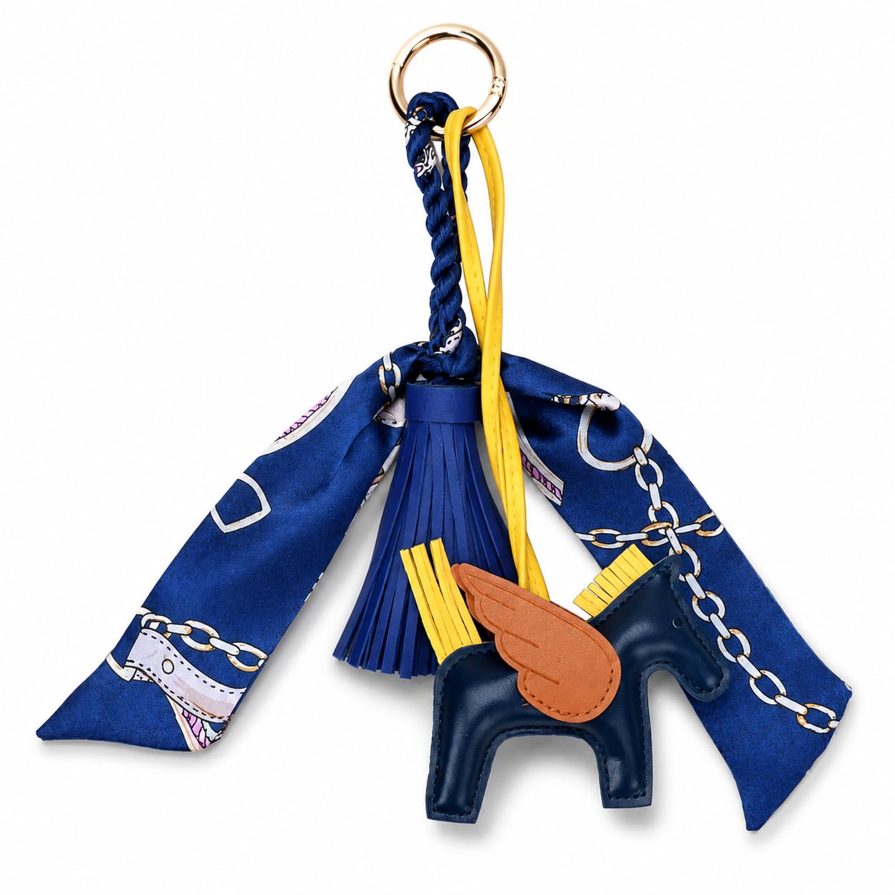 Winged Horse Bag Charm Keychain, Navy Blue Scarf Tassel Pendant with PU Pony, Metal Ring for Purse, Keys, Car Decor & Gift, Navy Yellow-image-36
