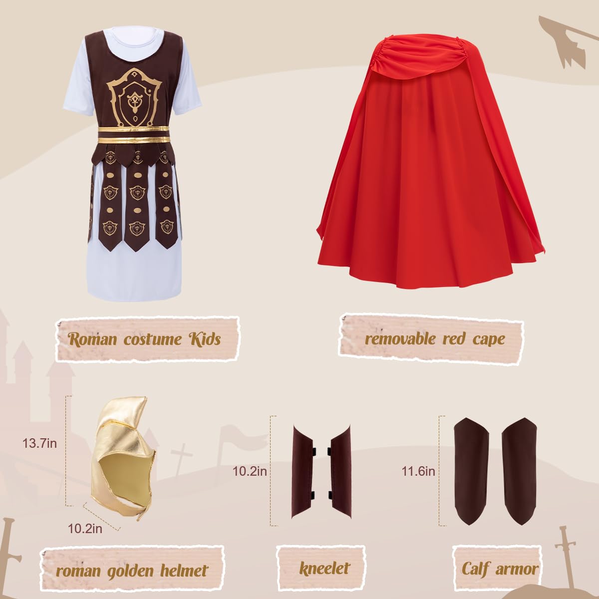 WIKITOT Roman Costume Kids, Roman Soldier Costume with Golden Helmet, Greek Costumes for Boys Age 5-13 - Image 4