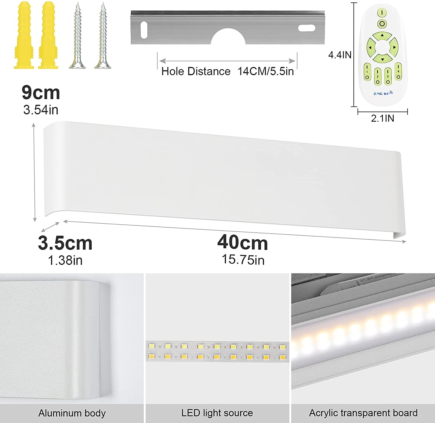 24W Applique Murale LED Avec télécommande 2 Pack Smart Applique Murale Interieur LED 3000-6000K Température de couleur et luminosité réglables Moderne Up Down Appliques Murales Blanc（40CM）