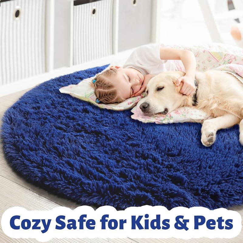 Image of Round Plain Fur Rugs Under Chair 4x4 Feet Royal Navy Blue