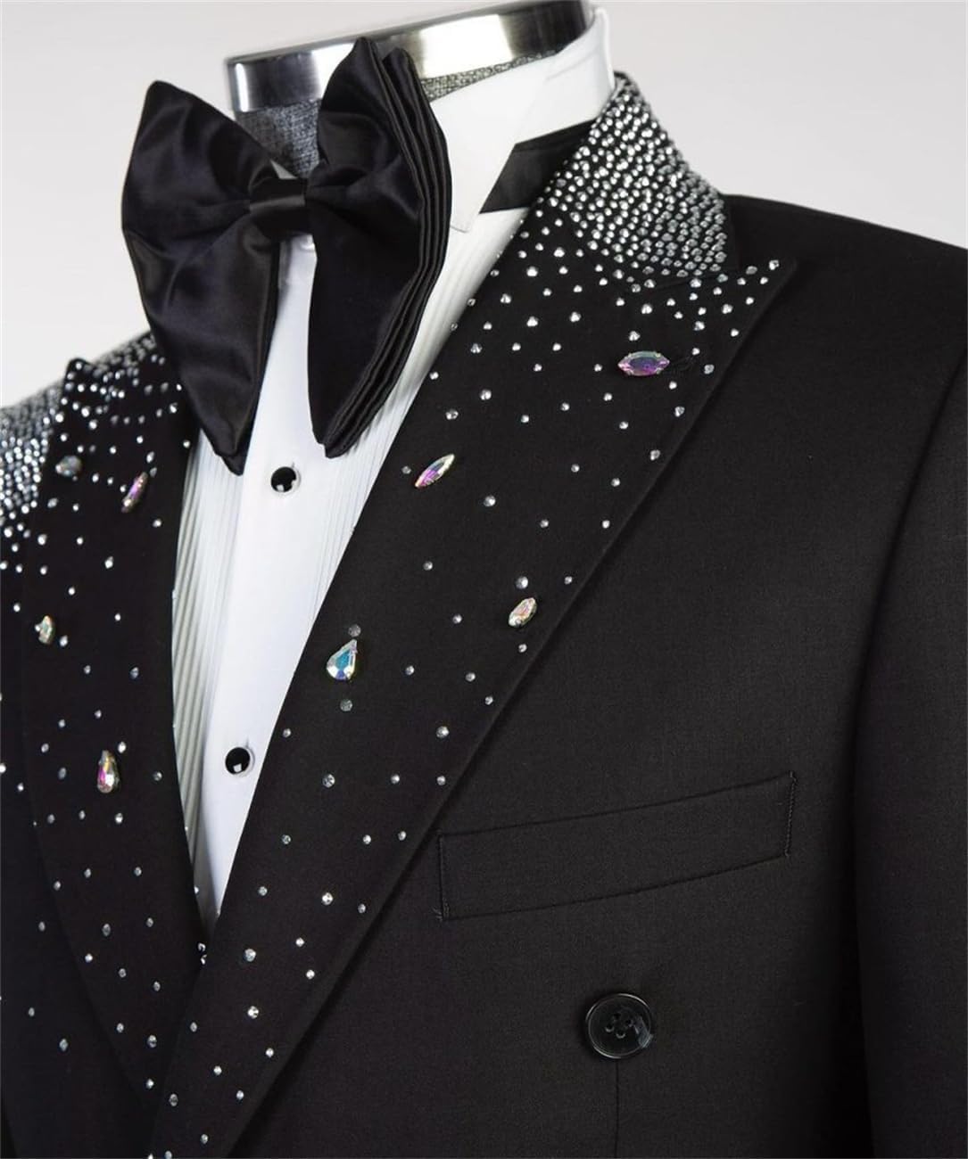 Luxury Men's Tuxedo Jackets with Rheinstones Slim Peaked Lapel Double Breasted Dress Blazers for Wedding,Party,Prom