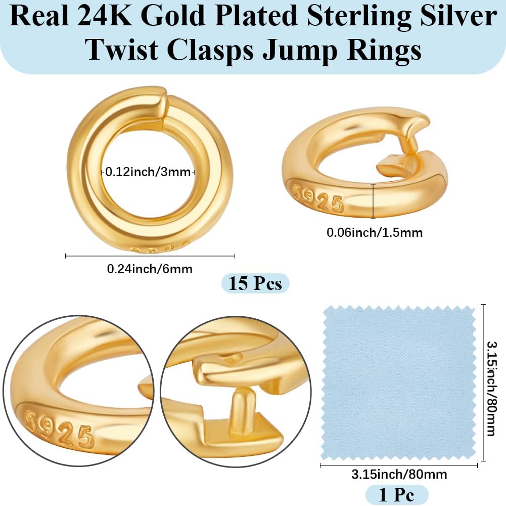Beebeecraft 1 Box 15Pcs Locking Jump Ring OD 6mm ID 3.5mm 24K Gold Plated 925 Sterling Silver Round Connector Split Jump Rings Open O Ring for Charms Necklaces Pendants Bracelets Making Jewelry