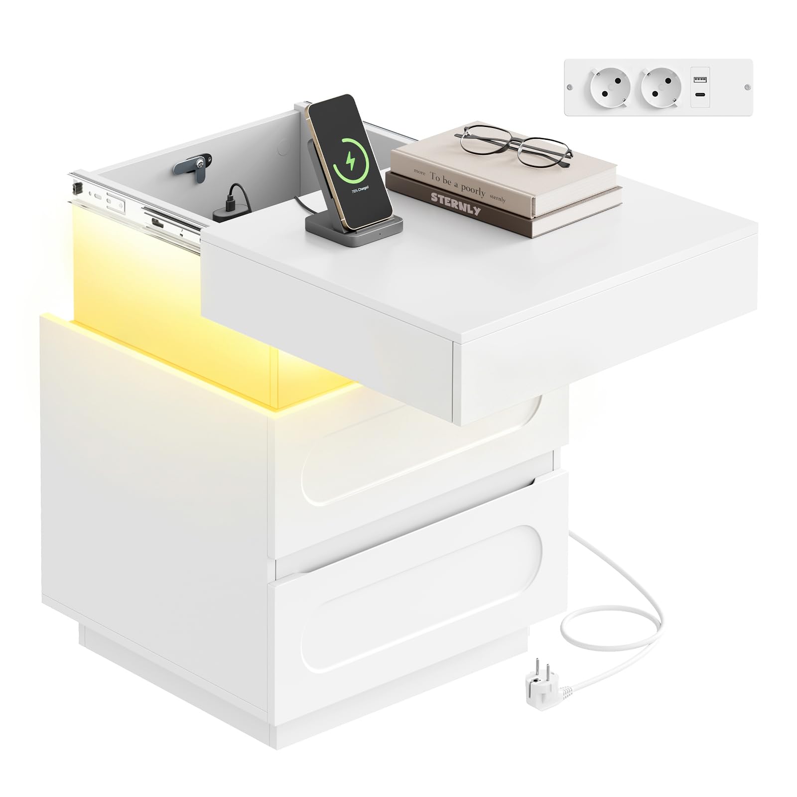 WOLTU Mesita de Noche con Luces LED y Estación de Carga, Mesilla Noche de 2 Cajones y 1 Espacio Oculto con Cerradura, Ajuste por Bluetooth/Control Remoto, 45x40x58 cm, Blanco