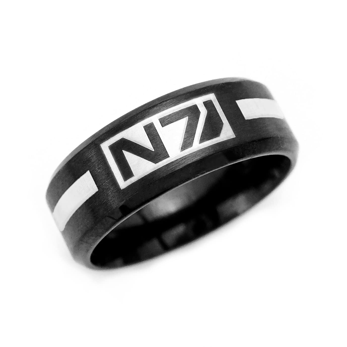 Mass Effect Ring, N7 Combat Suit, Engraved Black Tungsten, IP Beveled Edge, Personalized symbol Band for Video Game Fans