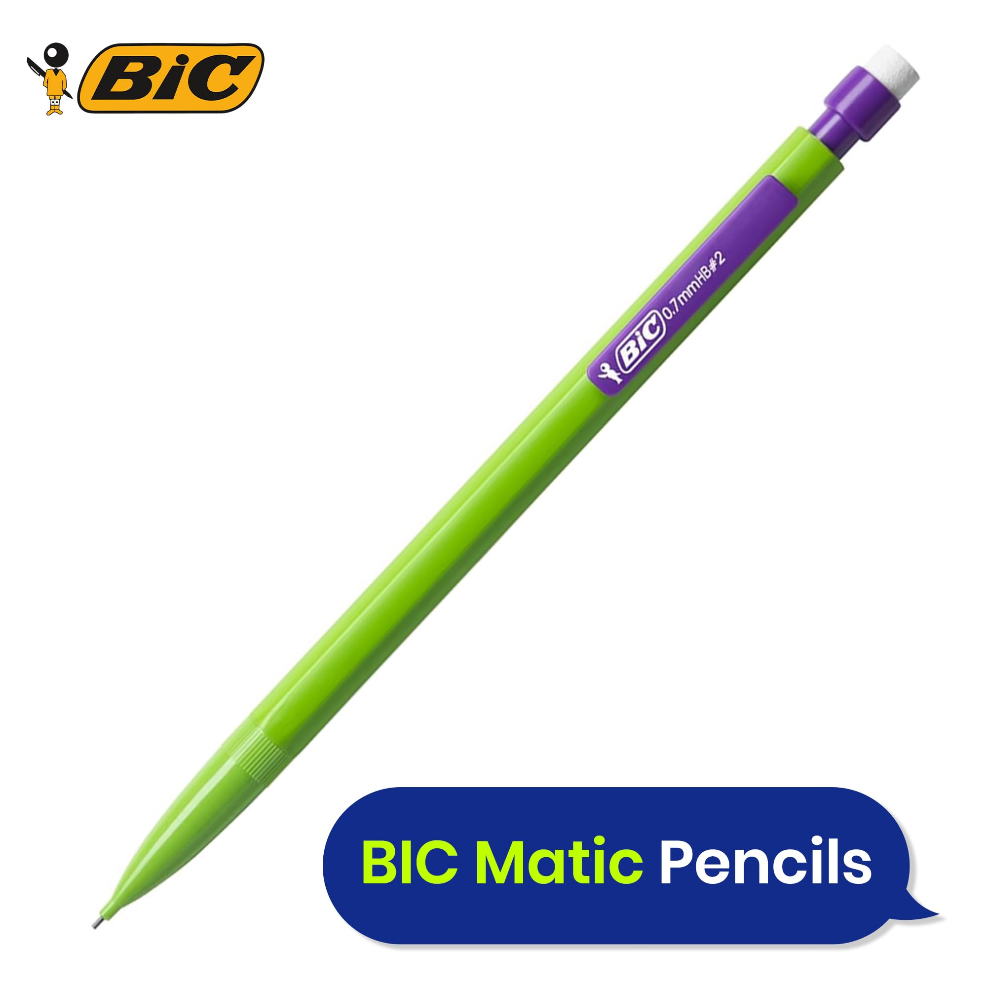 BIC Matic Fun - Matite meccaniche in grafite resistente, colori assortiti, punta retrattile, gomma bianca, scrittura liscia, mine intercambiabili, per scuola, ufficio e uso quotidiano (confezione da