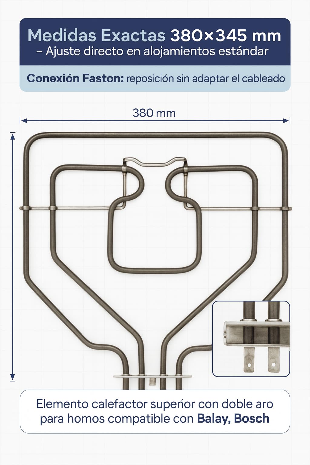 RECAMBIOS DREYMA Resistencia Horno Grill Superior 2300W 230V Doble Circuito Montaje Faston 380 x 345 mm Compatible con Bosch Balay Constructa Superser Elemento Calefactor Premium Pro
