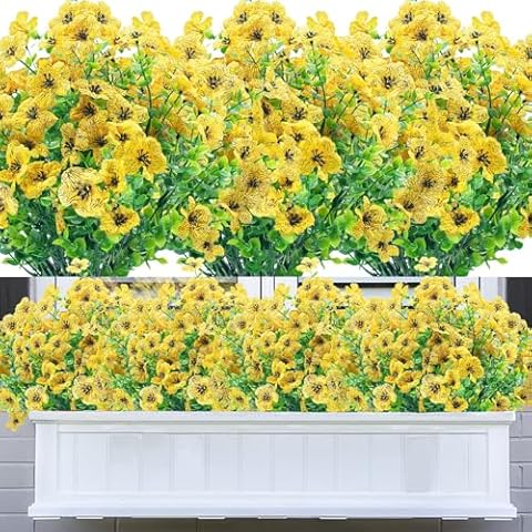DRT DERUITAI 20 Bundles Artificial Flowers Fake Outdoor Plants Faux UV Resistant Outdoor Flower Plastic Shrubs Indoor Outside Hanging Decoration(Yellow) Cover