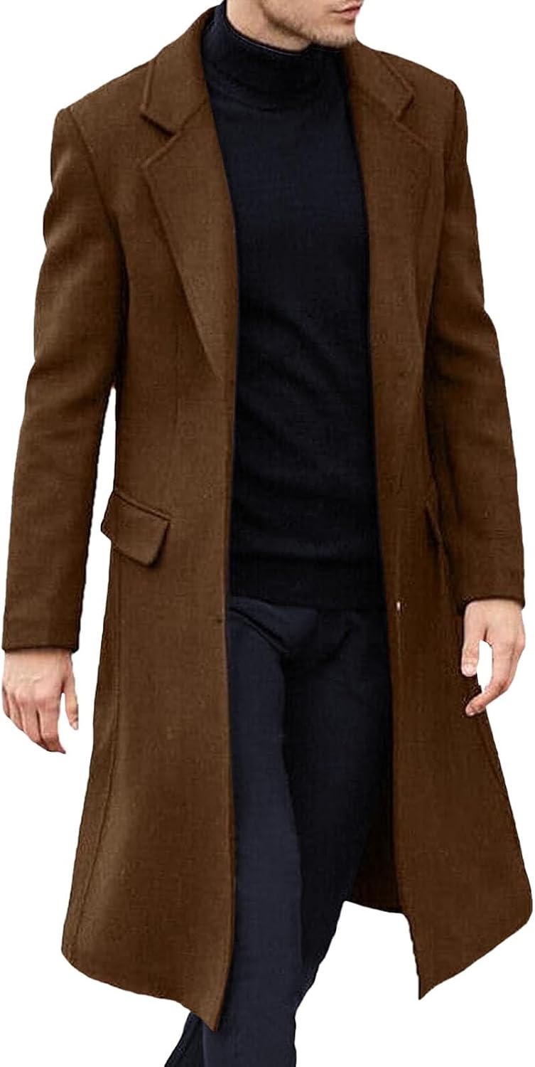 Maiyifu-GJ Men's Wool Blend Trench Coat Notched Lapel Single Breasted Long Pea Coats Warm Winter Overcoat Outerwear