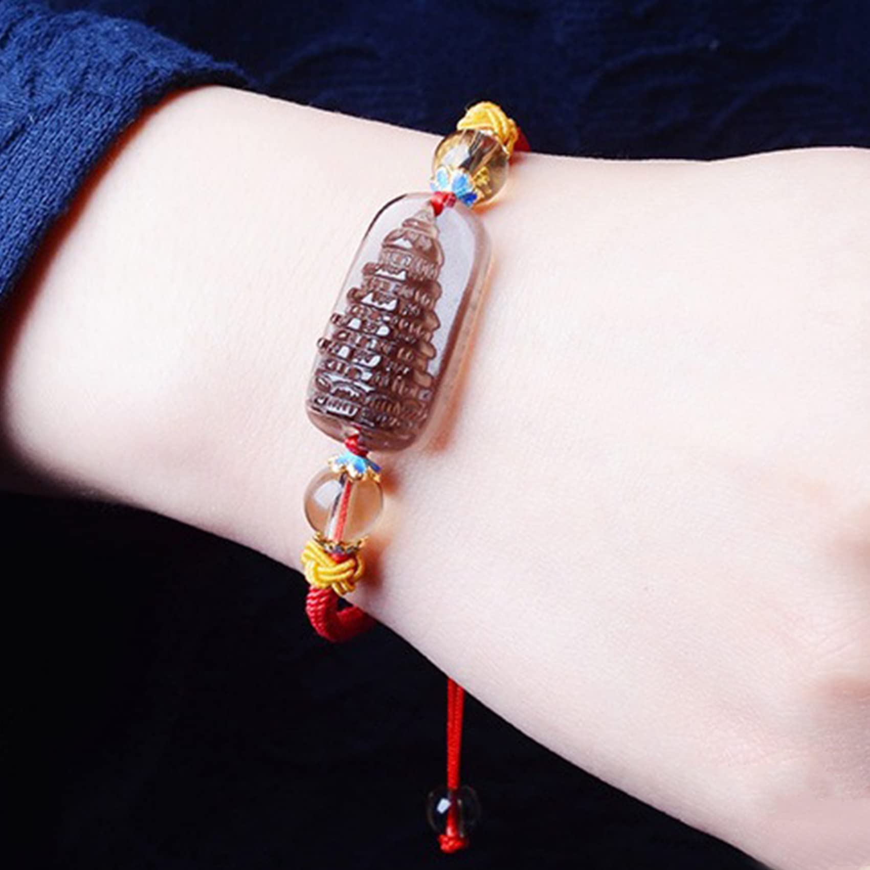 Feng Shui Obsidiana Natural Wen Chang Pagada Amuleto de Buena Suerte Pulsera Budista Hecha a Mano Cristal de Cuarzo Chakra para Mujeres y Hombres, 12 mm