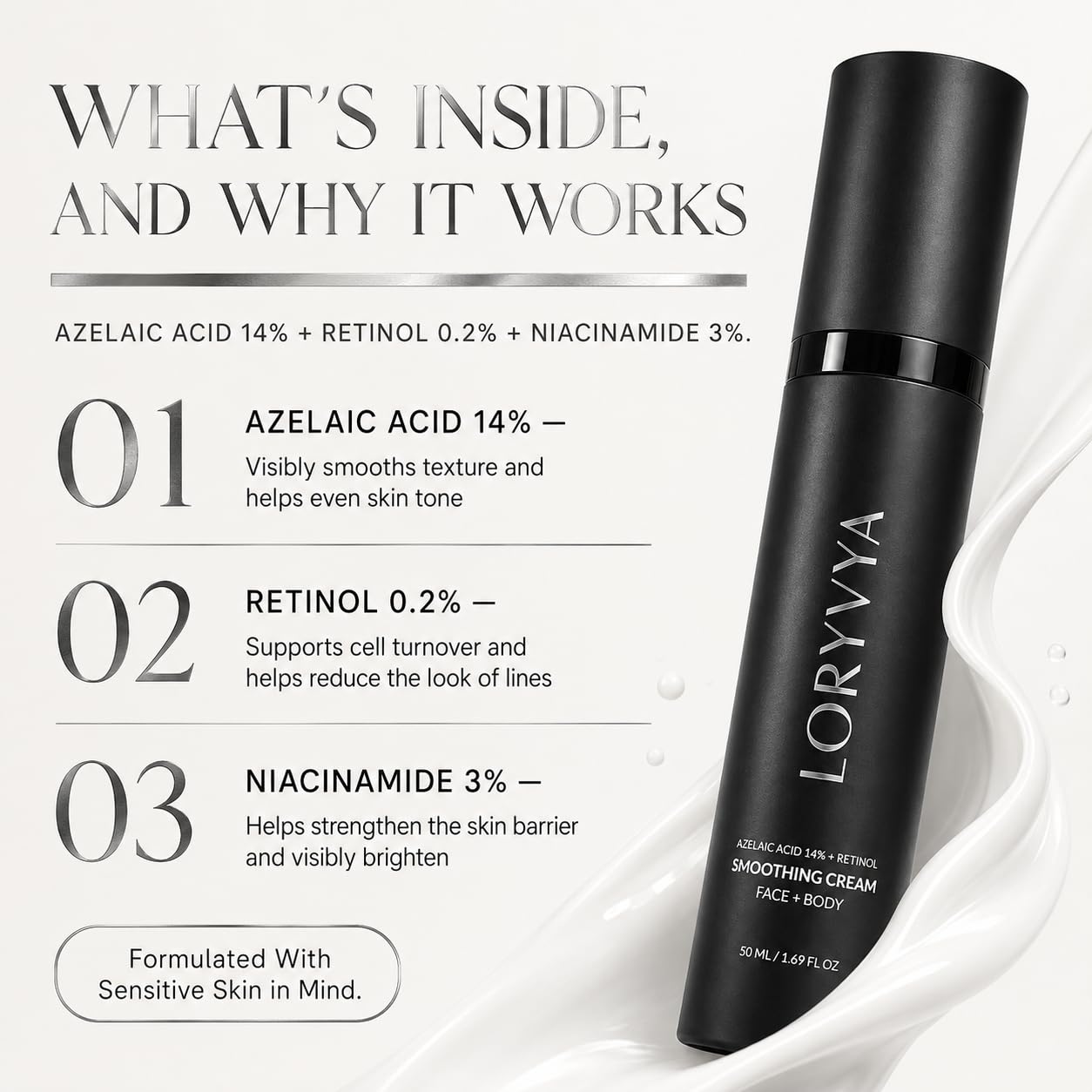 Azelaic Acid 14% + Retinol Smoothing Cream – Face & Body Treatment for Redness, Uneven Tone, Fine Lines & Rough Texture – 1.69 Fl Oz
