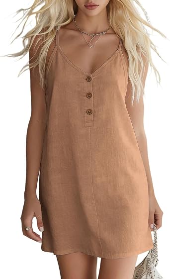 Linen Dresses for Women 2026 V Neck Spaghetti Strap Dress Casual Button Down Mini Sundress Summer Beach Dress