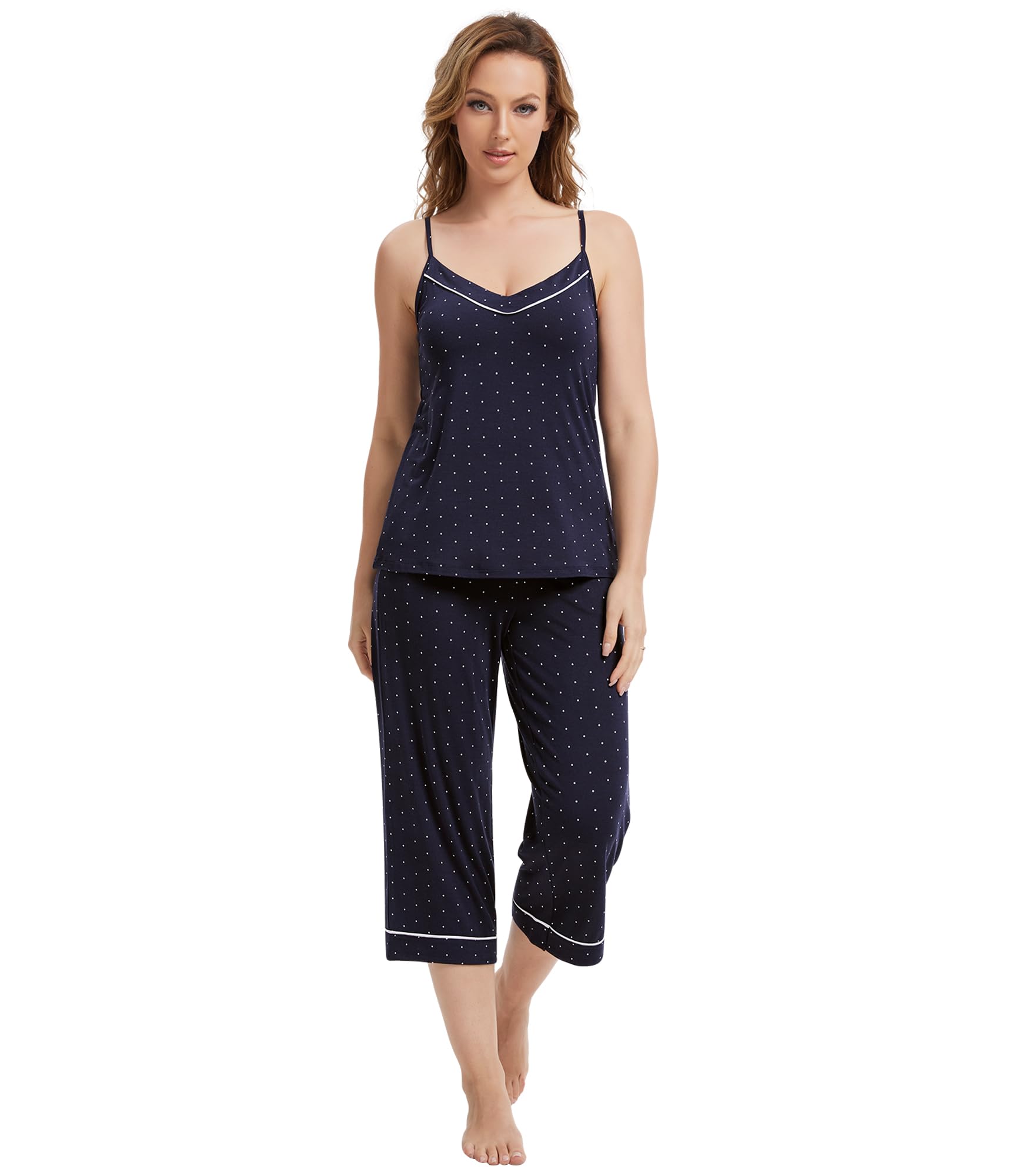 WiWi Womens Cami Pajama Sets 2 Piece Camisole Top Capri Pants Sleepwear Soft Lingerie Bamboo Viscose PJs S-XXL