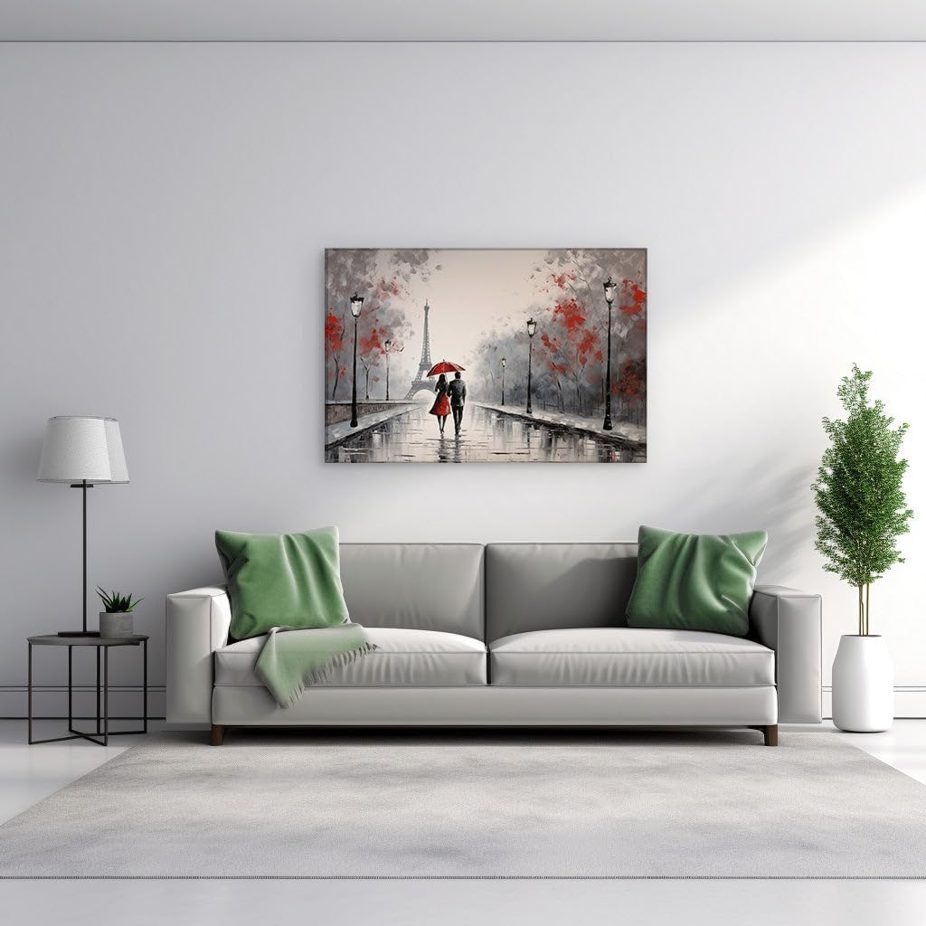 Canvas for Living room. Romance in the Rain Exploring Parisian Love Beneath a Crimson Canopy, 27 x 18 inch Canvas Wall Art - Ready to Hang - 69x46 cm (27x18 inch)