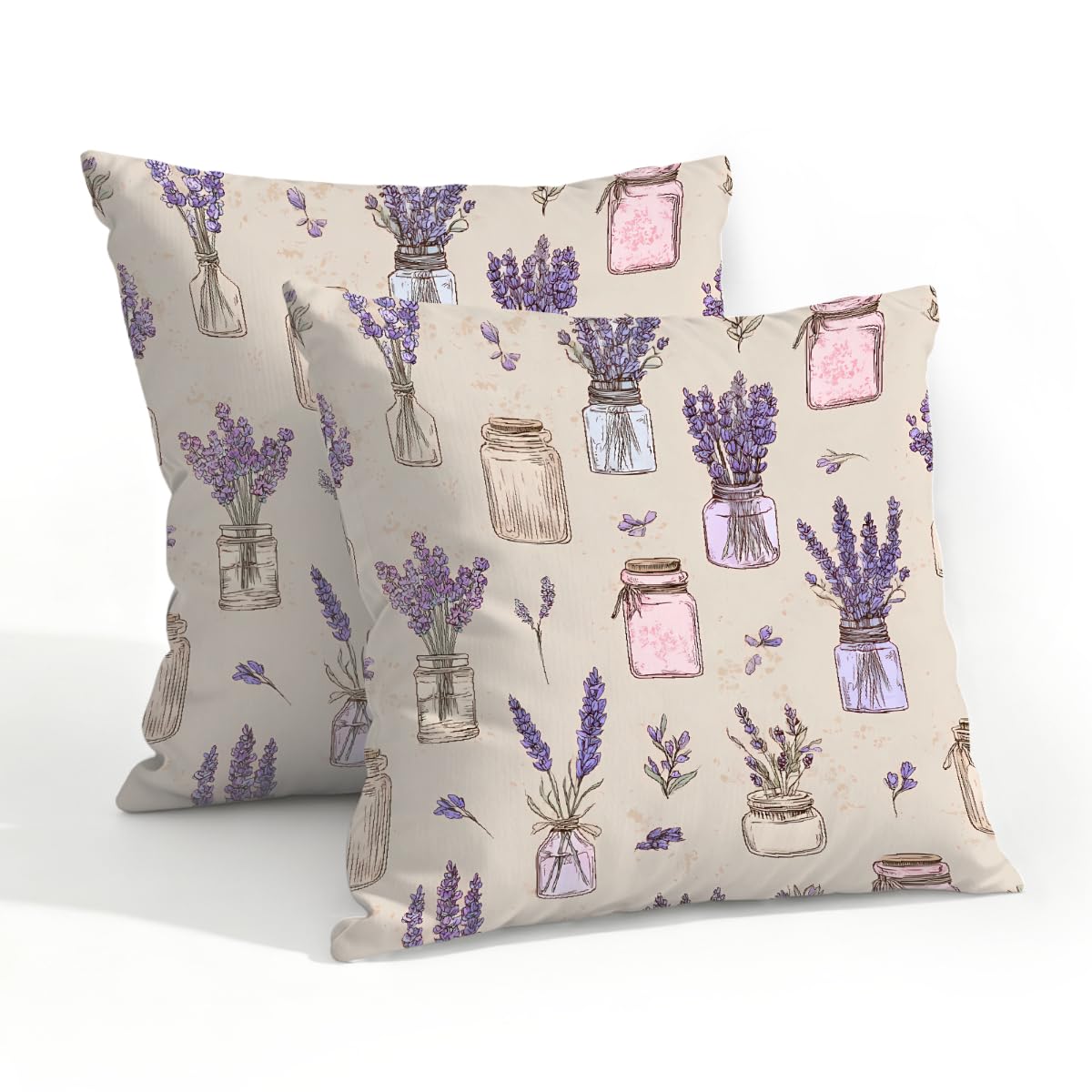 Outdoor Pillow Covers Waterproof Pillowcases 20x20in Set of 2 Vintage Lavender Floral Vase Decorative Throw Cushion Case for Couch Sofa Garden Patio Furniture