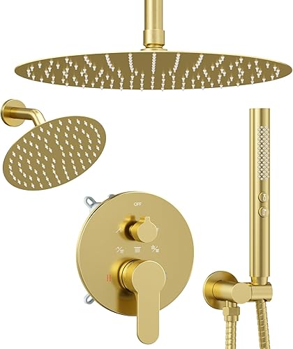 Vista 23 de Juego de grifo de ducha, sistema de ducha de 12 pulgadas con ducha de lluvia y de mano, cabezal doble de montaje en techo que puede funcionar todo