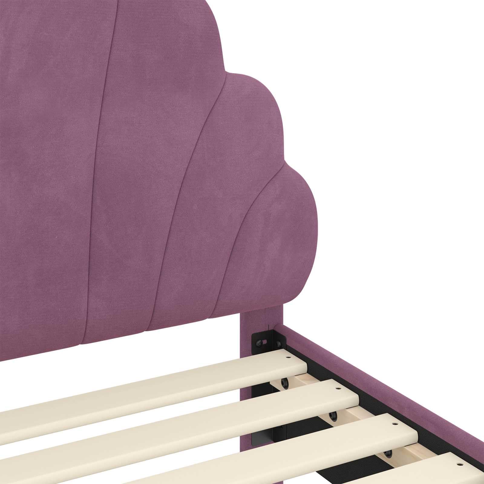 Moderno marco de cama con cabecero en color morado, 90 x 190 cm, tapizado de terciopelo, somier de láminas estable y prácticos compartimentos para libros, 4 piezas