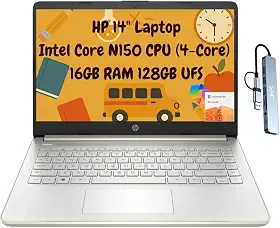HP Laptop estudantil portátil 14 fino 2025, HD de 14 polegadas, Intel N150 de 4 núcleos, 16 GB de RAM, armazenamento de 256 GB (128 GB UFS + 128 GB microSD), 1 ano de escritório 365, Wi-Fi 6, HDMI