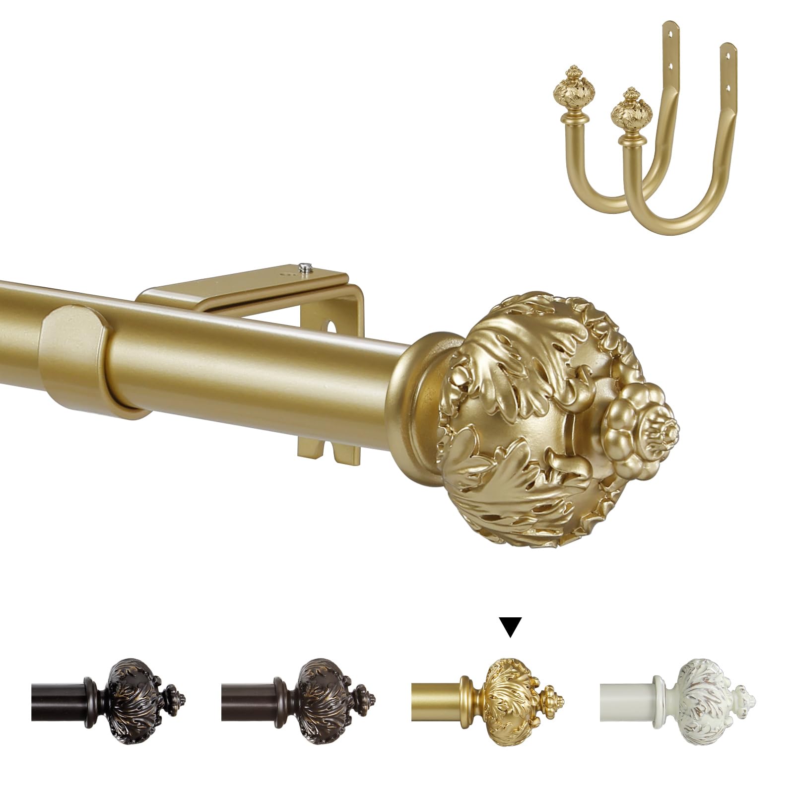 Single Curtain Rod with Albert Finials, 1 Inch Diameter, Adjustable 71-305cm, Bronze Gold/Weathered White/Gold, Heavy Duty with Mounting Hardware (Gold（+Holdbacks）, 121-213 cm)