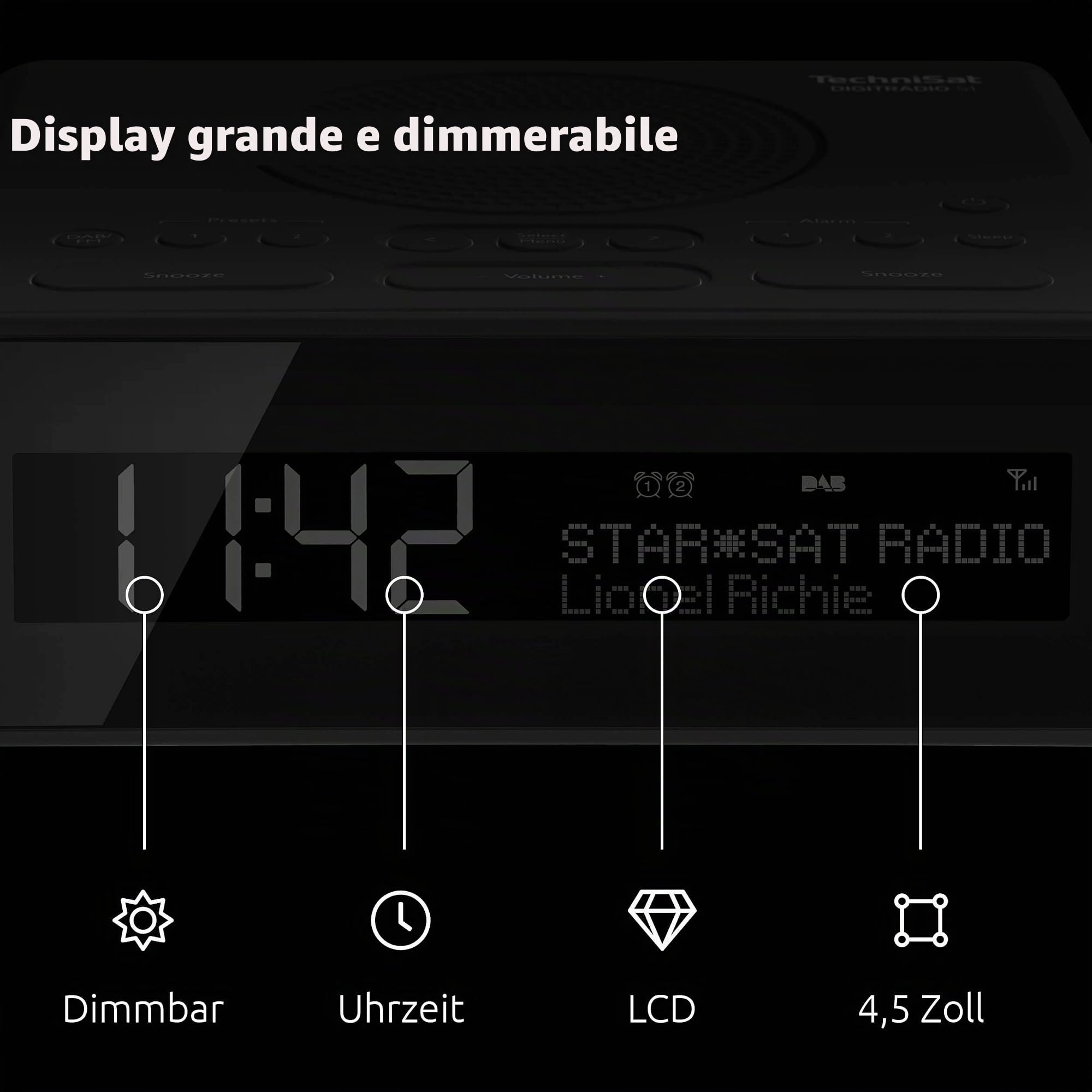 TechniSat DIGITRADIO 51 - Radiosveglia DAB+ (DAB, FM, Due orari di sveglia, Funzione posponi, Timer di spegnimento, Display dimmerabile, Ingresso per cuffie), Nero