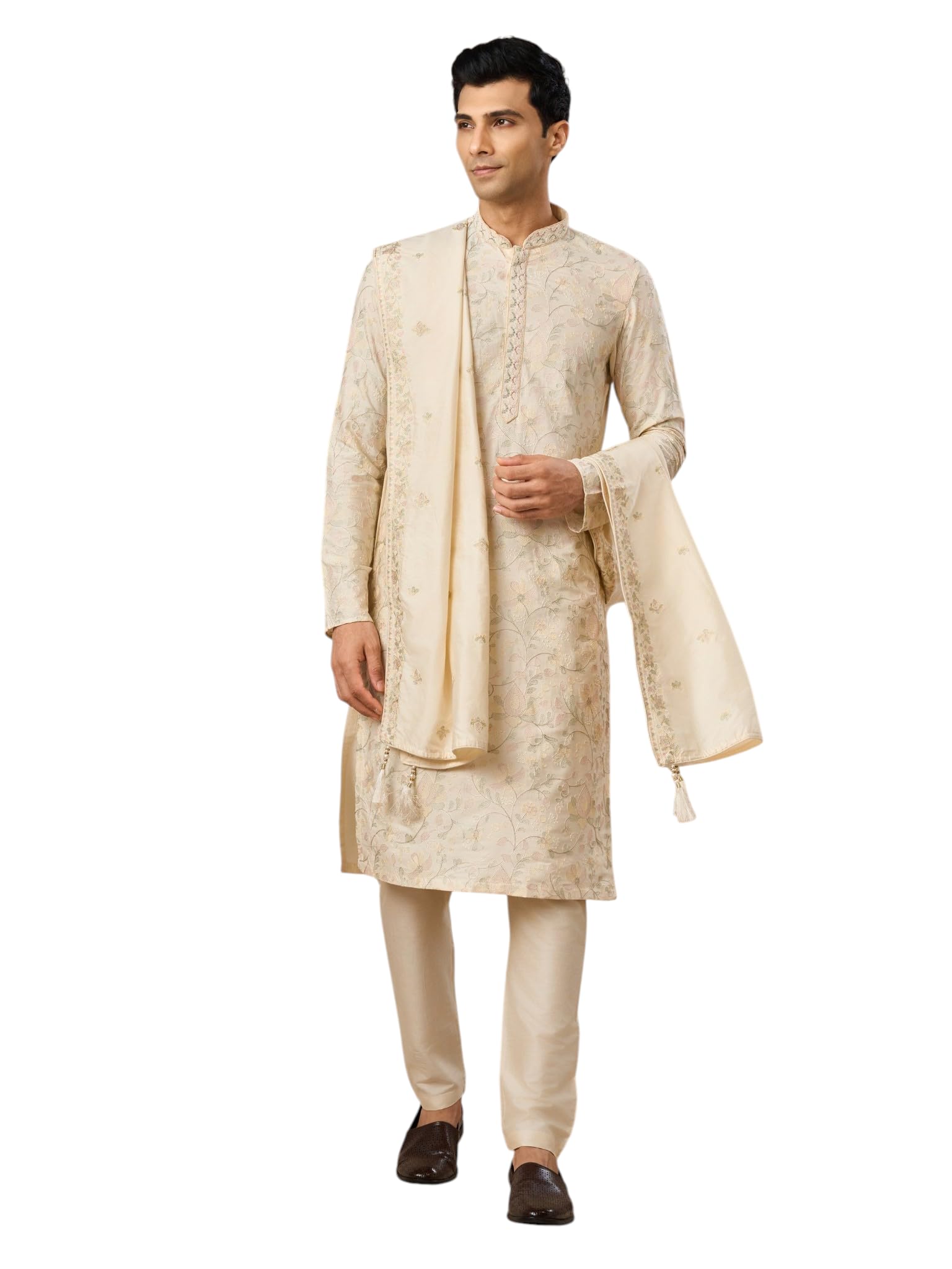 Men's Blended Viscose Embroidered Kurta Pyjama Taselled Dupatta Set (3pcs)-image-6