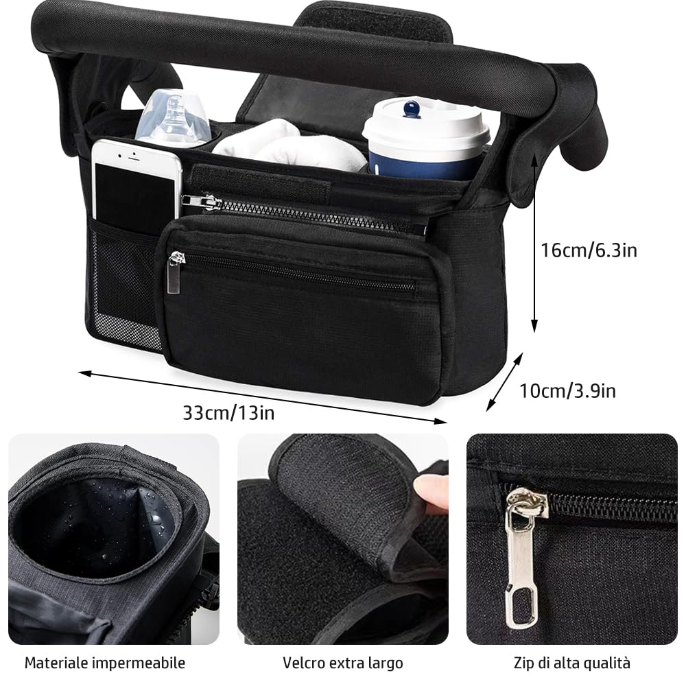 Organiseur de poussette pour bébé avec 2 porte-gobelets, organisateur de poussette avec bandoulière et 2 crochets sécurisés, accessoires de poussette avec poche zippée (noir)