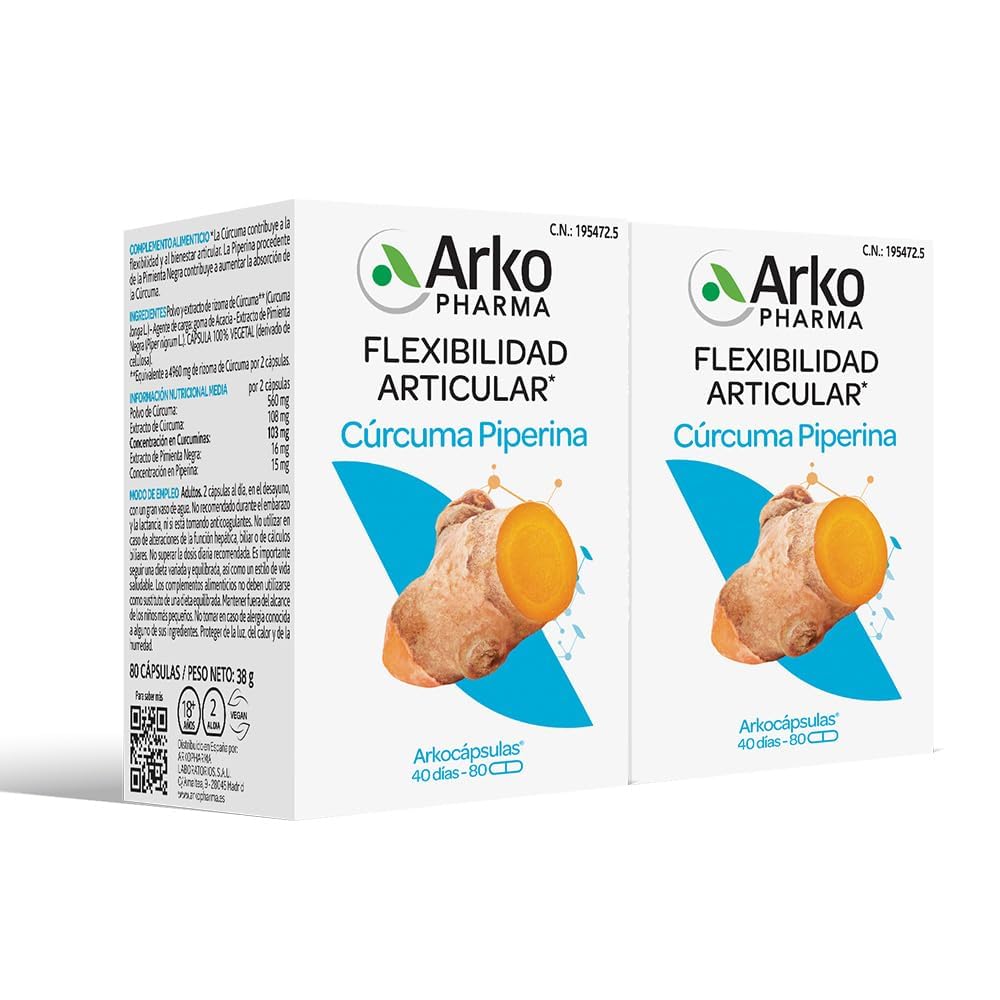 Arkopharma Arkocápsulas Cúrcuma Bio 160 Cápsulas Pack X2, Con Extractos De Pimienta Negra, Flexibilidad Articular, Actividad Antiinflamatoria, Dolores En Articulaciones