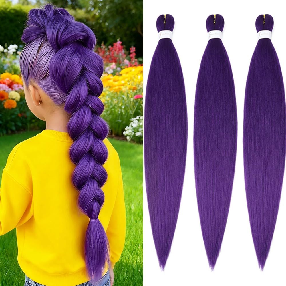 Purple Braiding Hair Extensions 26 Inch Pre stretched Braiding Hair Hot Water Setting Synthetic Hair Colored Braiding Hair Pre Stretched Crochet Braids Hair(26 Inch,3 Packs,Purple#? Purple# 26 Inch(Pack of 3)