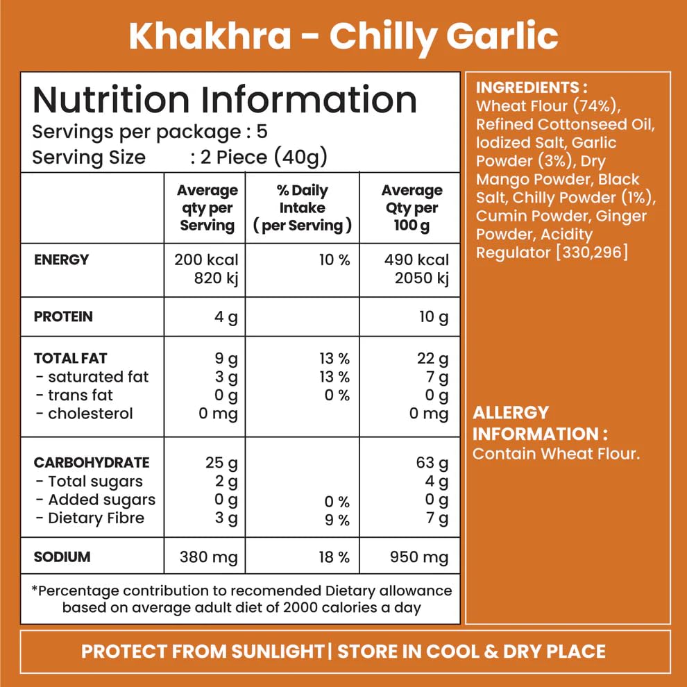 Jabsons Roasted Chilly Garlic Khakhra | 100% Roasted Traditional Indian Tea Time Diet Thins Snack | Gujarati Snacks Flatbread Made in Cottonseed Oil Perfect for Healthy Snacks 180 gm (Pack of 1)