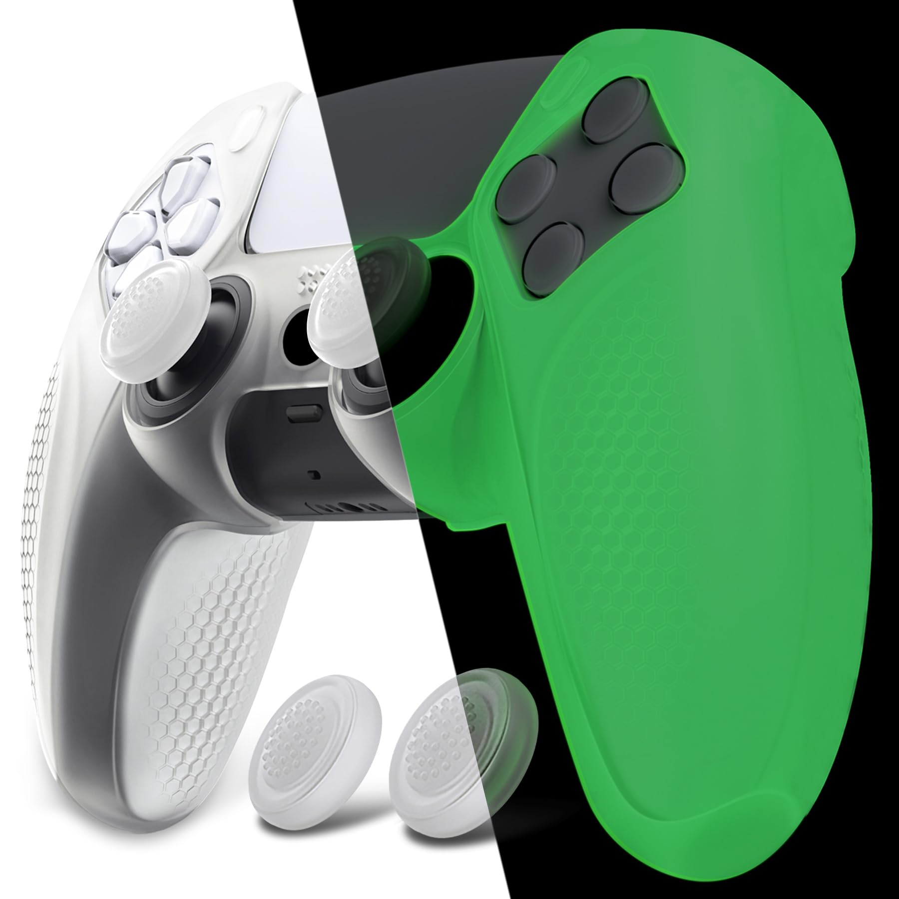 PlayVital Ergonomiczny Miękkie Gumowe Etui do ps5 Controller,Antypoślizgowa Silikonowa Ochraniacz z Nakładkami Joysticka do ps5 Stacja Ładująca-Świecący w Ciemności Zielony(Edycja Ninja)