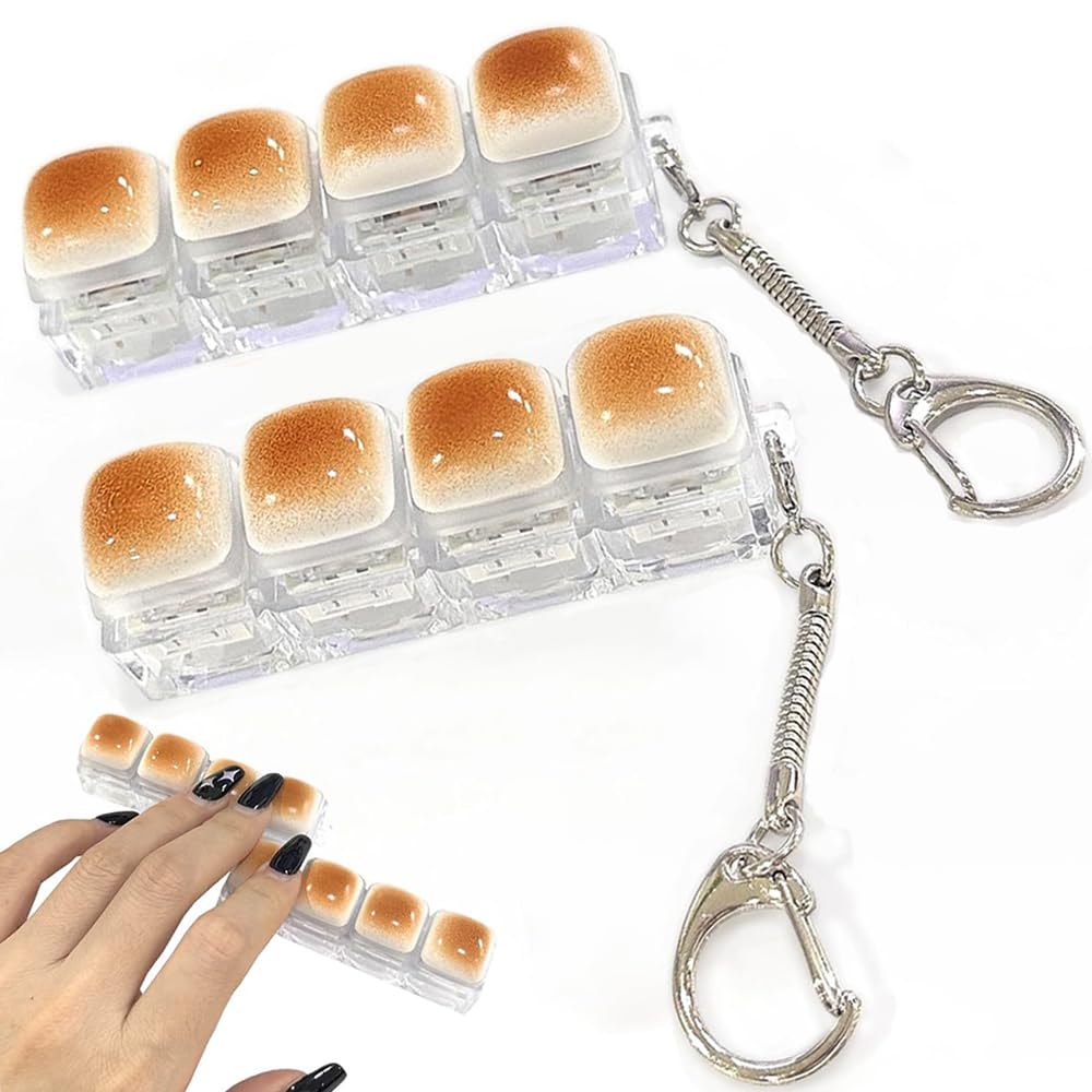 2 Pcs Keyboard Fidget Toy, 4-Button Finger Keyboards Keychain, Fidget Keyring Button Keyboard, Keyboards Clicker Fidgets Decompression Toys (Gradient Brown Keycaps)