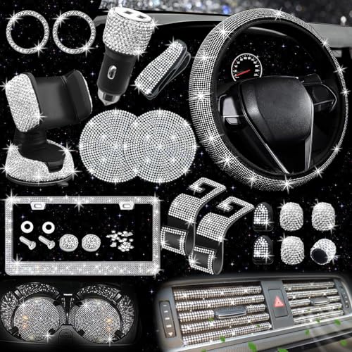 Image of NBTEPEM 27 PCs Bling Car Accessories Set for Women, Steering Wheel Covers Universal Fit 15 Inch, Bling License Plate Frame, Bling Phone Holder, Bling Car Coasters (Silver Diamond)