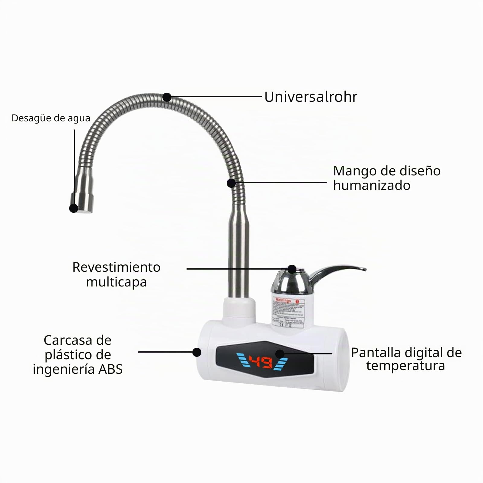 Grifo calentador de agua eléctrico 220 V, calentador de agua eléctrico rápido con indicador digital de temperatura LED, 3000 W, para cocina, baño (entrada de agua lateral)