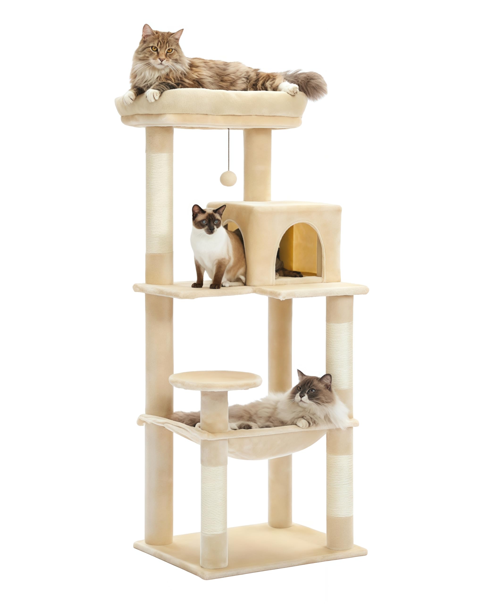 MUTTROS Cat Tree for Large Cats Adult with Metal Plush Big Hammock, 56.3" Cat Tower with 2 Door Condo House, 6-Tier Cat Shelves with Scratching Posts and Large Top Perch, Beige