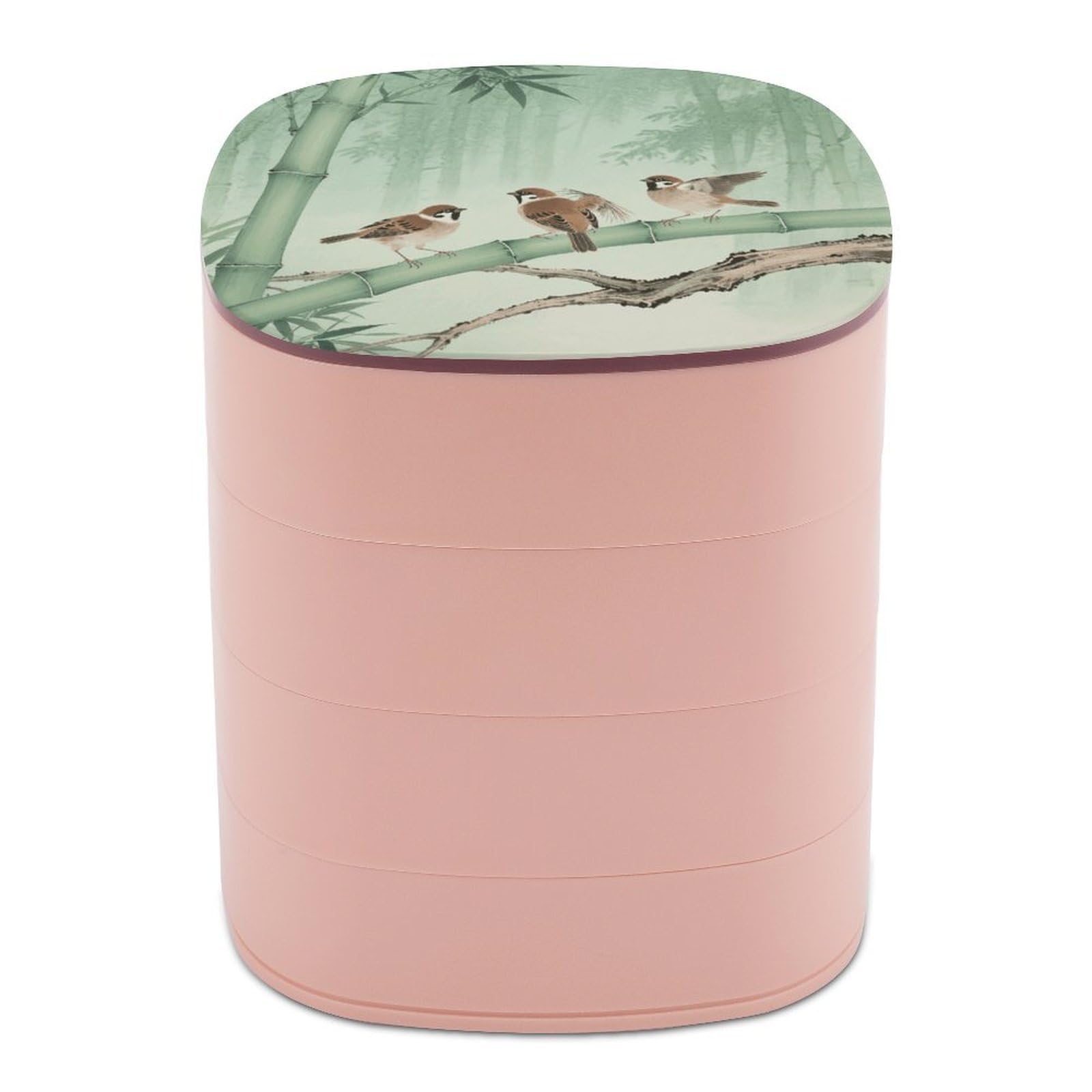 VstaDank Brown Birds on Bamboo Jewelry Case Women Portable Travel Jewelry Box Rotating Jewelry Organizer with Mirror Multi-Layer Necklace Ring Earring Storage Box for Bracelets Rings