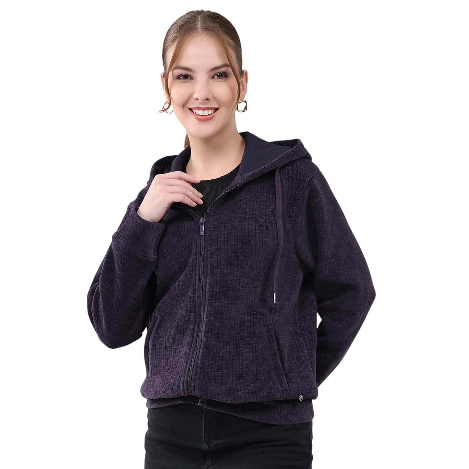 monte carlo Women Regular Fit Self Design Hooded Neck Side Pocket Zipper Full Sleeve Winter Sweatshirt|Warm and Comfortable Sweatshirt | Winter wear Sweatshirt for Women's (Pack of 1)-picture-15