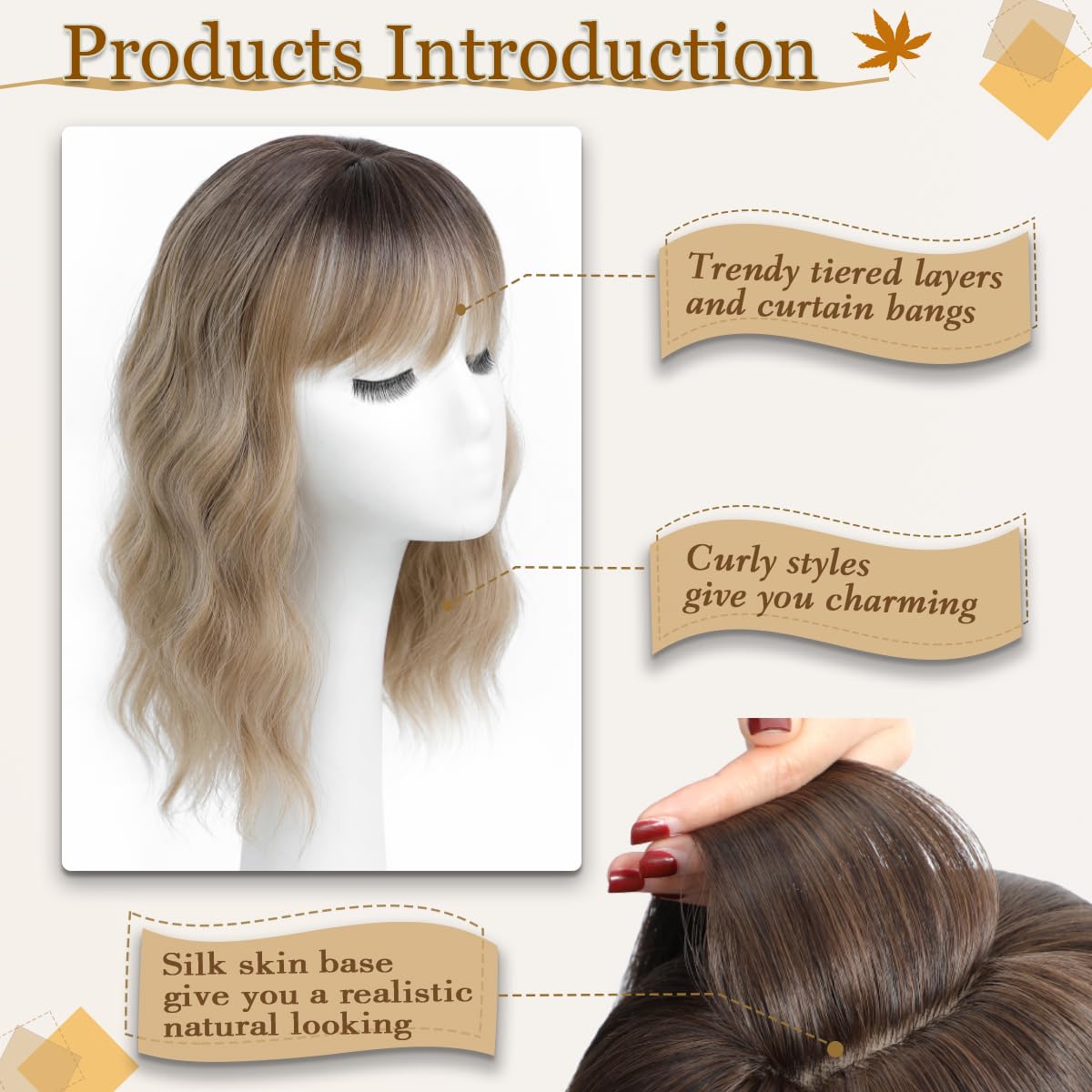 Nexyshe Hair Topper Wavy Hair Toppers with Bangs 14 Inch Hairtoppers for Thinning hair 6.5''X6.5'' Big Base hairpieces for Women Clip in - Image 3