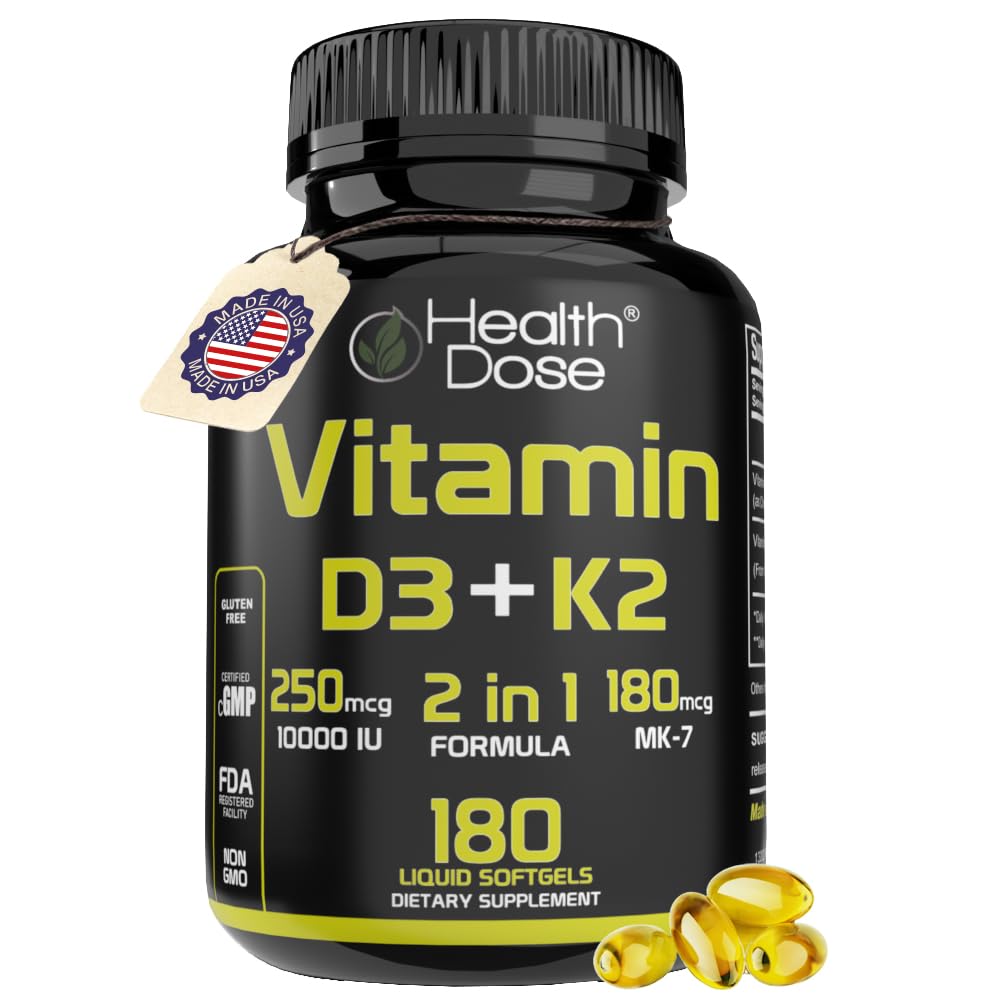 Health Dose Vitamin D3 10,000 IU + K2 (MK7) Supplement, 2-in-1 Formula, Immune Support, a Healthy Mood, Heart, Joint, Teeth, Bone Health, Calcium Absorption, 180 softgels. (1)