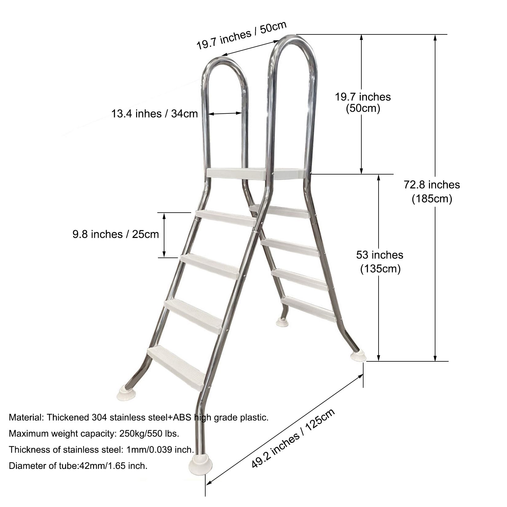 Scala per piscina fuori terra, telaio in acciaio a 4 gradini per ingresso/uscita con gradini antiscivolo, design su entrambi i lati, supporta fino a 250 kg per piscine da 135 cm