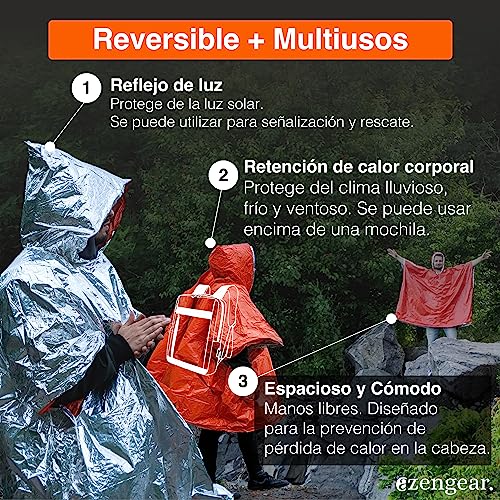 aZengear Poncho de Supervivencia (4 Piezas) Mantas térmicas de Emergencia para retención de Calor y Lluvia | Reversible con Capucha, Impermeable, Resistente al Viento | Senderismo (Naranja) - Image 4