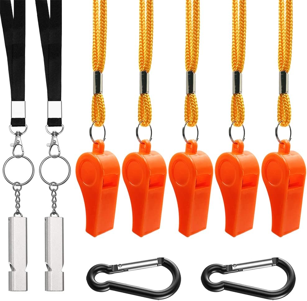 findTop 5PCS Plastic Whistles, 2PCS Outdoor Loudest Emergency Survival Whistles with Carabiner and Lanyard for Boating, Camping, Hiking, Hunting, Dog Training and Fishing