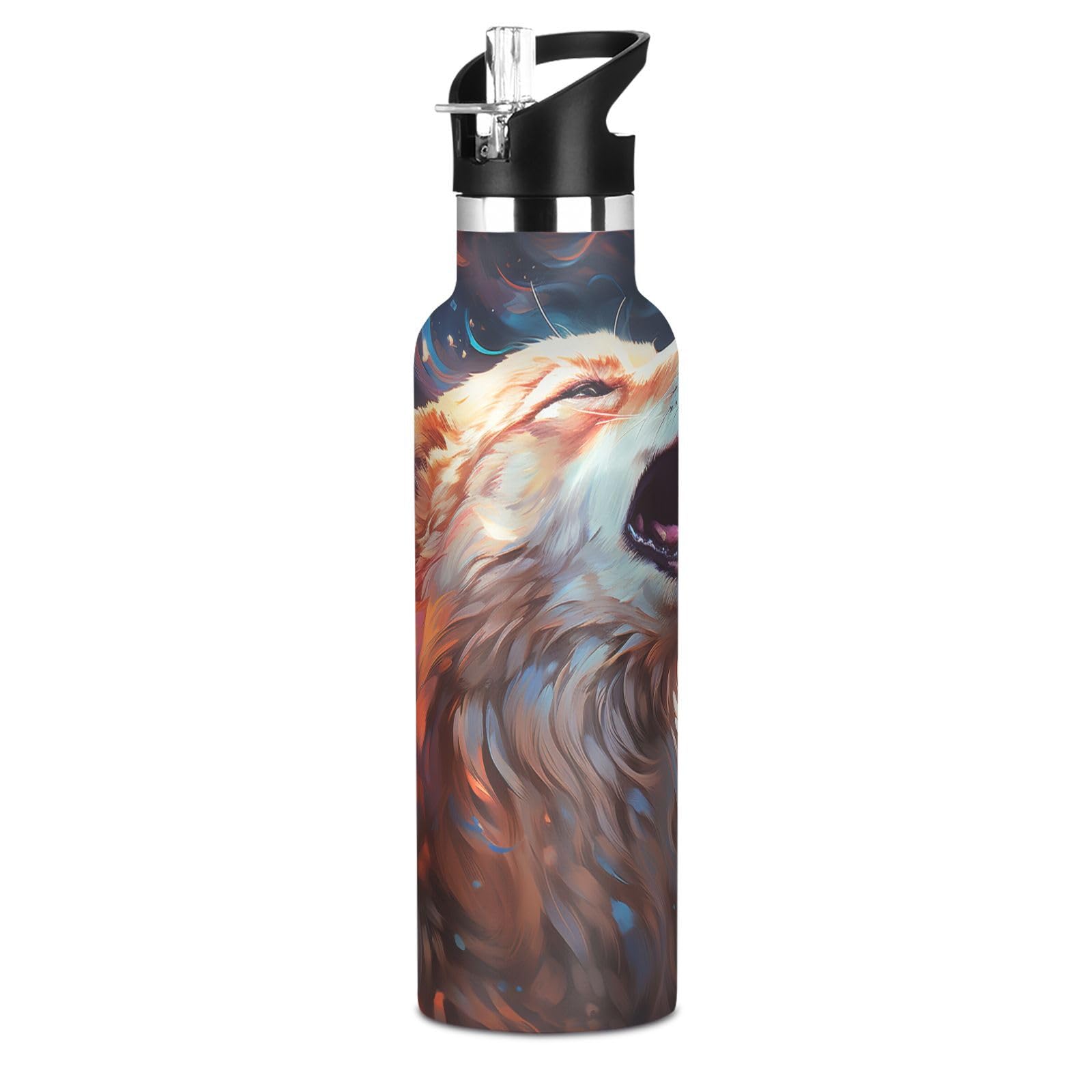 Kaaviyo Boys Pattern Wolf Howling Fire Red White Water Bottle Stainless Steel Jug Insulated Vacuum Cup For Girls(600Ml)