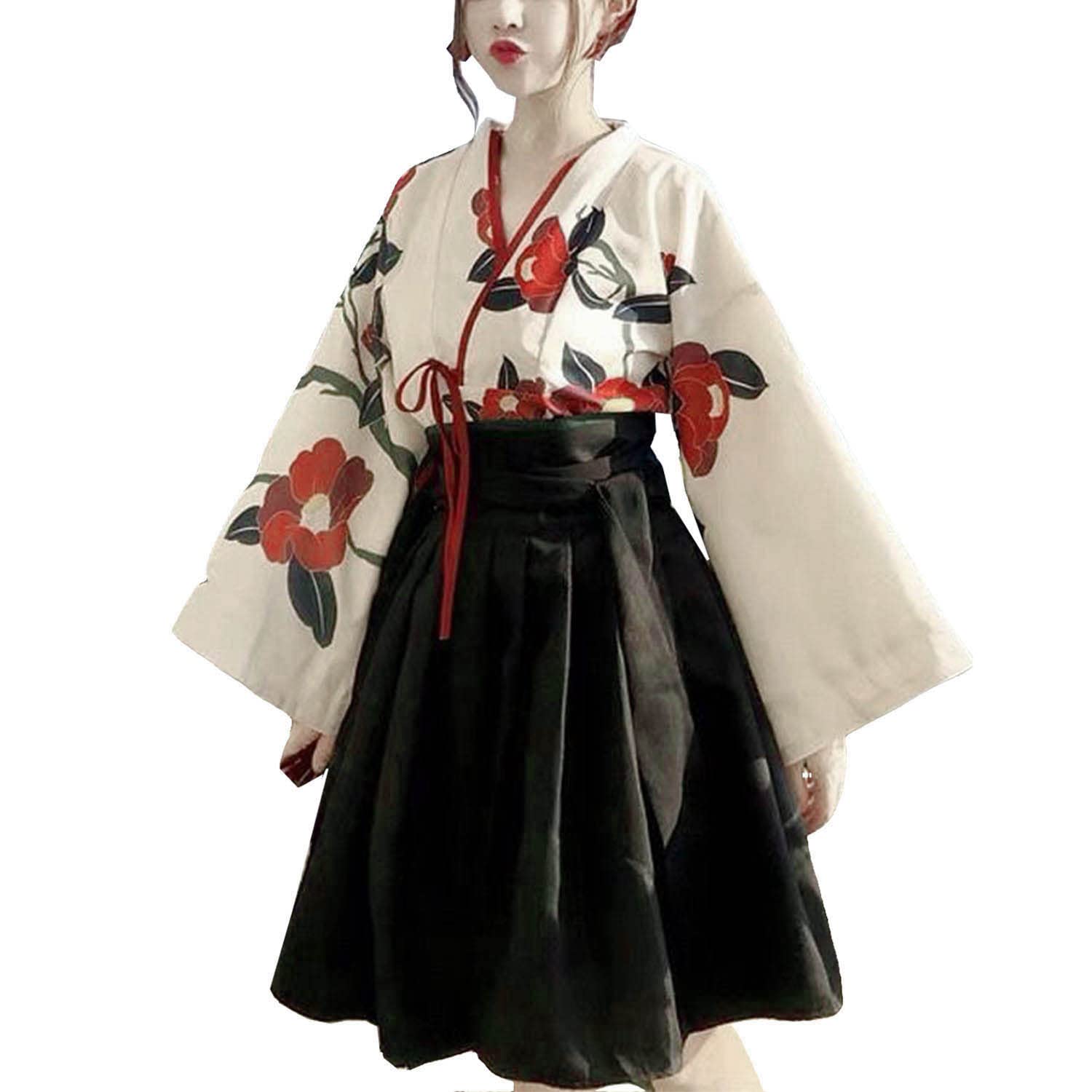 Women Kimono Sakura Print Japanese Anime Cosplay Costumes for Halloween Role Play Japanese Traditional Dress