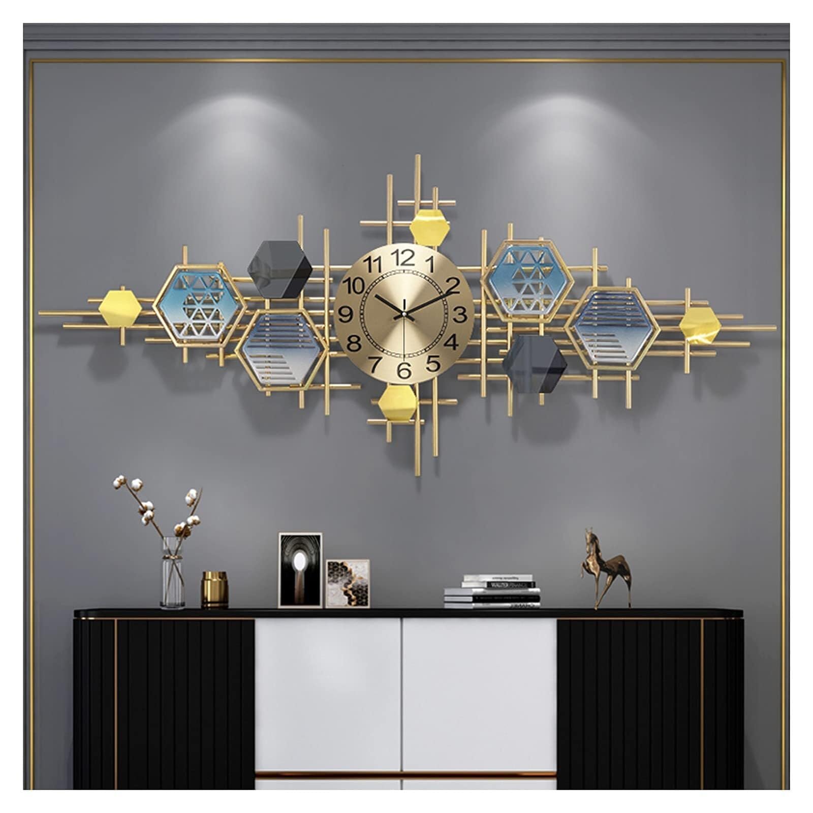 Nowoczesny dekoracyjny zegar ścienny, kute żelazo, cichy zegar kwarcowy do salonu i korytarzy, 115 cm x 50 cm dekoracja ścienna