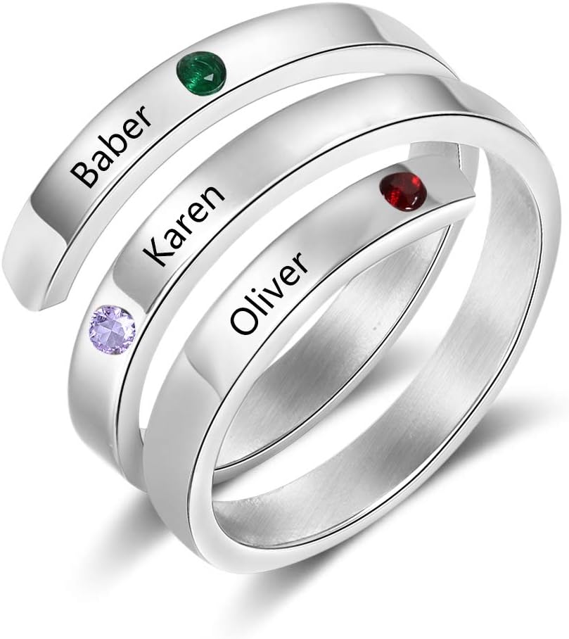 LanM Personalized Mothers Rings for 3 Birthstones BFF Wrap Name Rings for Women Promise Rings for Her Free Engraving Sisters Friends Rings for Girl Mother Day Gift