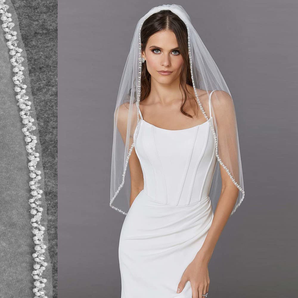Ślub Ręcznie robione perły welon slubny z kryształkami krawędzi welony ślubne ślubne kryształowe zroszony welony ślubne dla panny młodej (Color : Ivory, Size : 300cm)