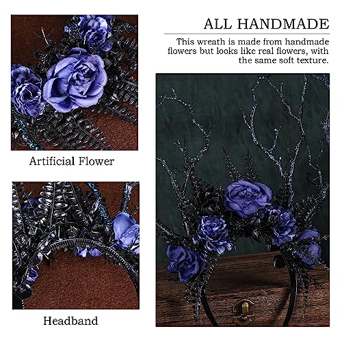 MOSTORY Geweih-Haarreif mit Zweigen für Damen, Waldgeweih-Haarreif mit blauer Blume für Renaissance-Cosplay-Kostüm