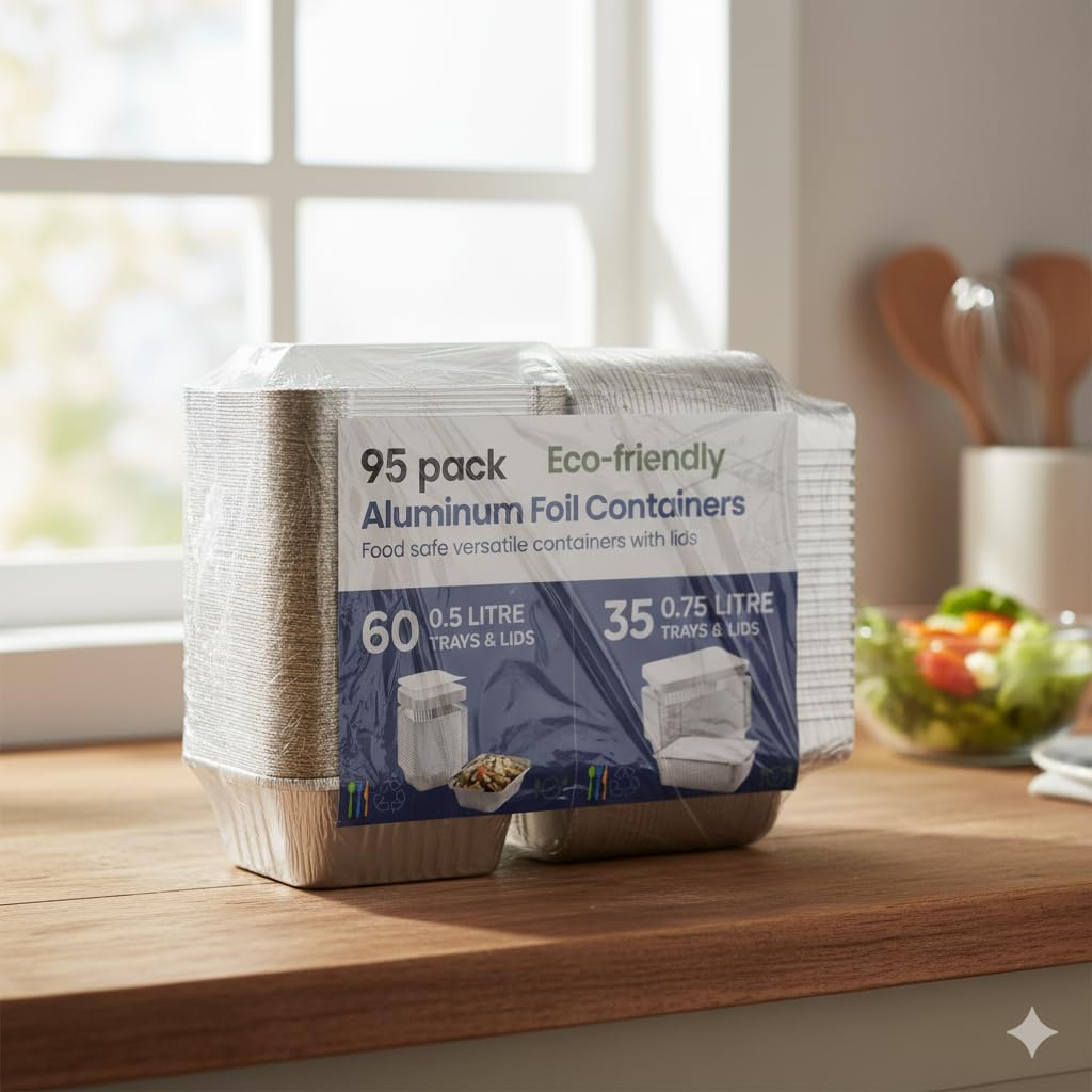 HOMESmith Confezione da 95 vassoi in alluminio con coperchio, contenitori resistenti e grandi, per cibo da asporto, usa e getta, con coperchio, dimensioni miste (65 × 0,5 L + 30 × 0,75 L)