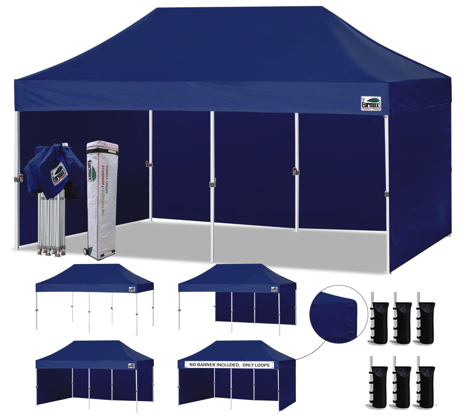Eurmax USA 10'x20' Pop-up Canopy Tent Commercial Instant Canopies with 4 Removable Zipper End Side Walls and Roller Bag, Bonus 6 SandBags(Navy Blue)