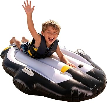 Inflatable Boogie Board for Kids, Penguin Surfboard with Built-in Press Pump, 27.5" Wide Anti-Flip Pool Float, Beach Swim Board with Dual Handles.